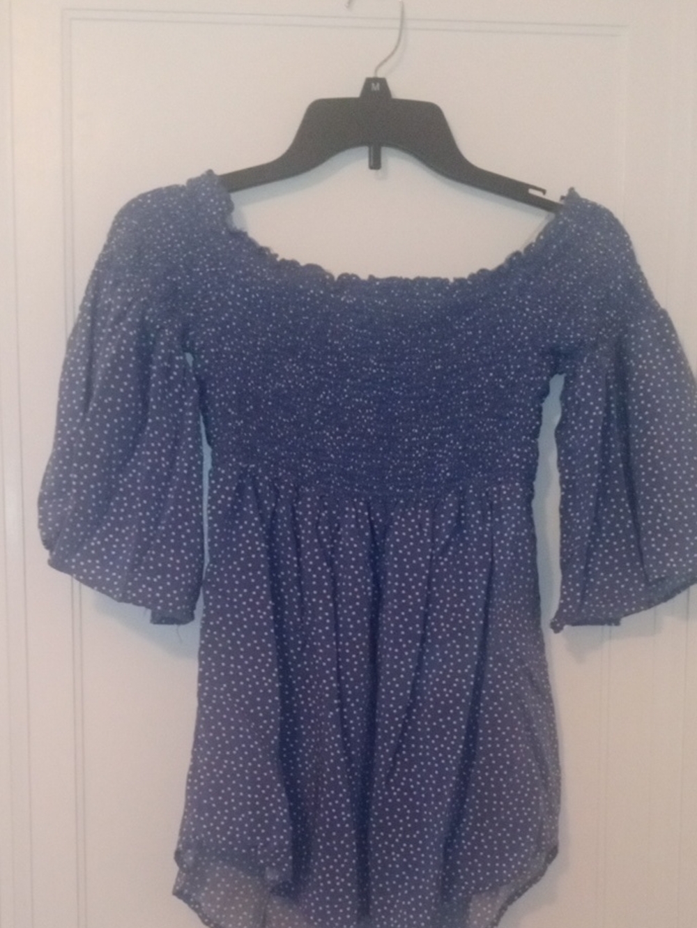 women small blue with white polka dot on/off shoulder top